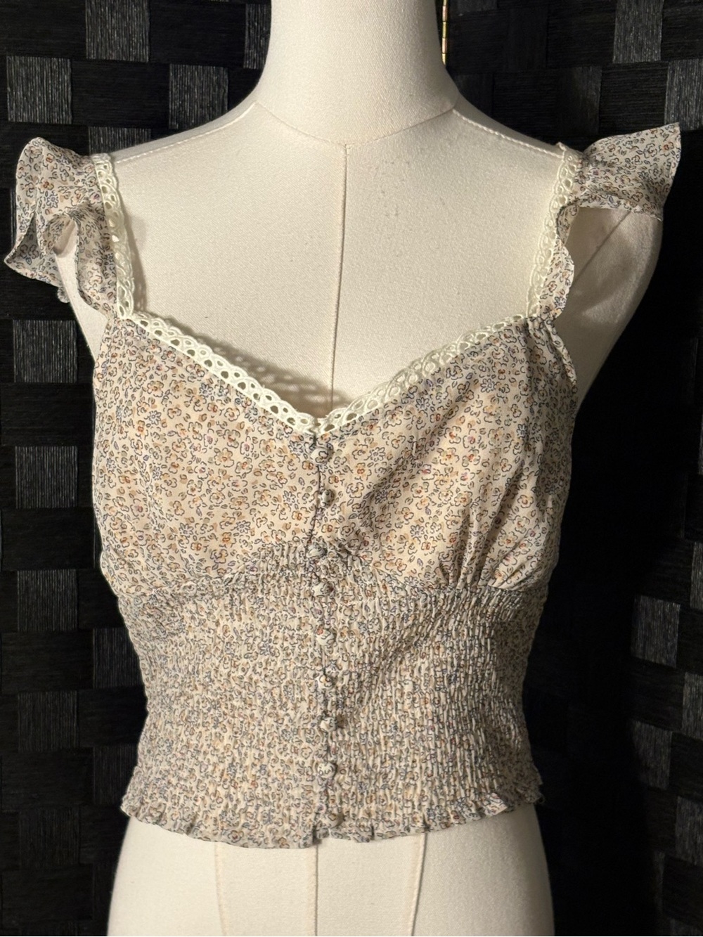 Boho Smocked Waist Ditsy Floral Button Front Cropped Top Lace Sweetheart Neck